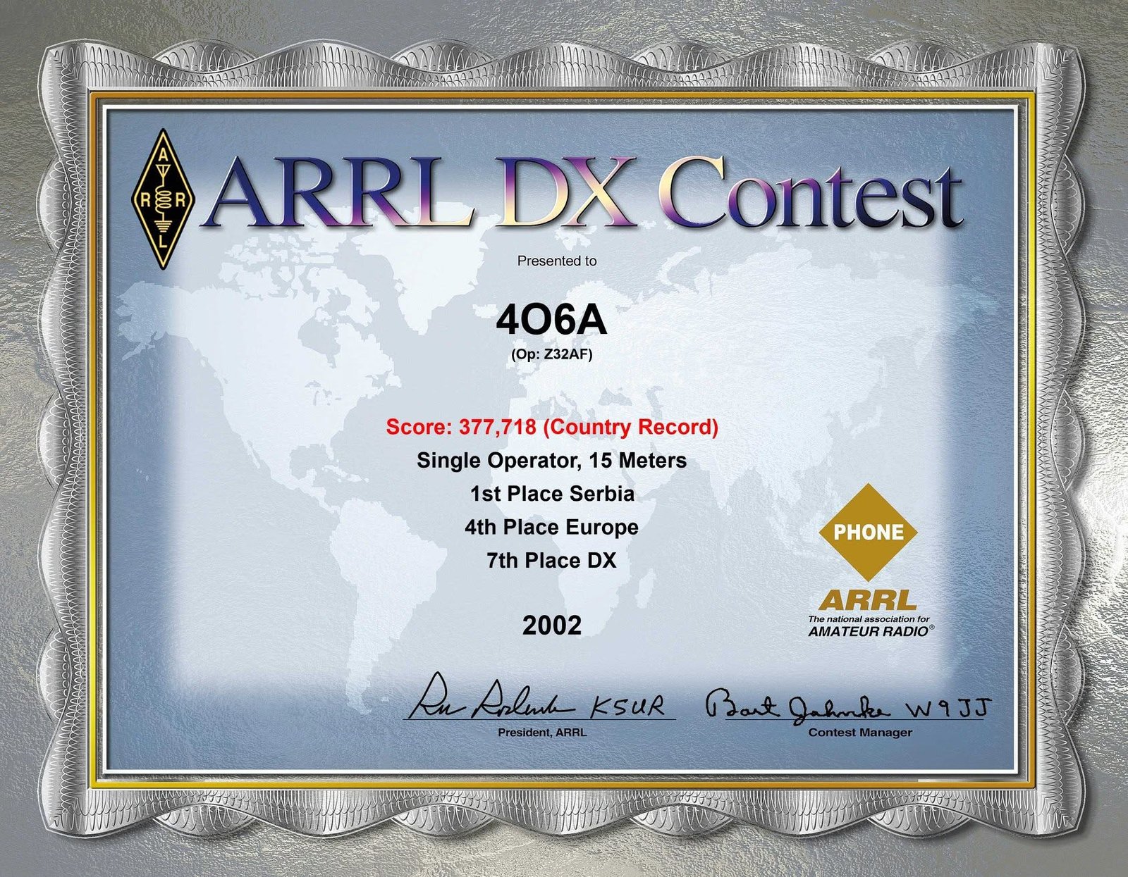 ARRL DX Contest certificate, 4O6A, country record 2002